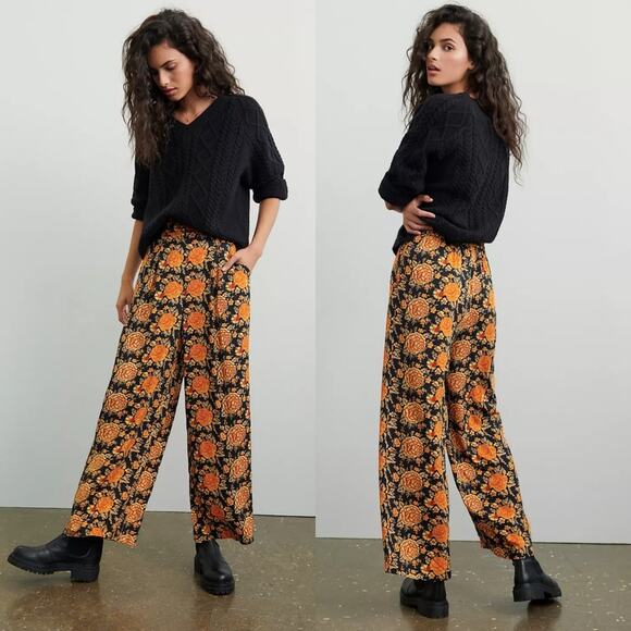 Anthropologie Pants - Anthropologie Porridge Sophie Wide Leg Floral Pant Boho Cottagecore Orange Black